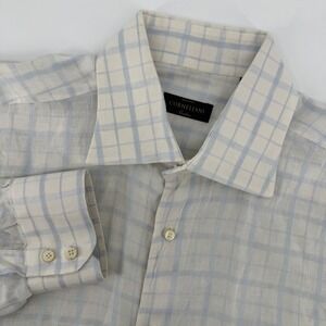 CORNELIANI Mens Luxury Italian Linen Checkered Dress Shirt Blue White Size 42R